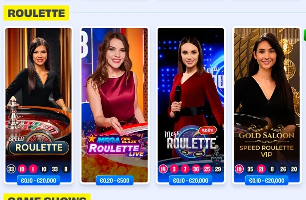 Online-Roulette-Spiele in einer Reihe unter der Kategorie Roulette, einschließlich Speed Roulette, Mega Fire Blaze Roulette Live, Mega Roulette und Gold Saloon Speed Roulette VIP mit Live-Dealern