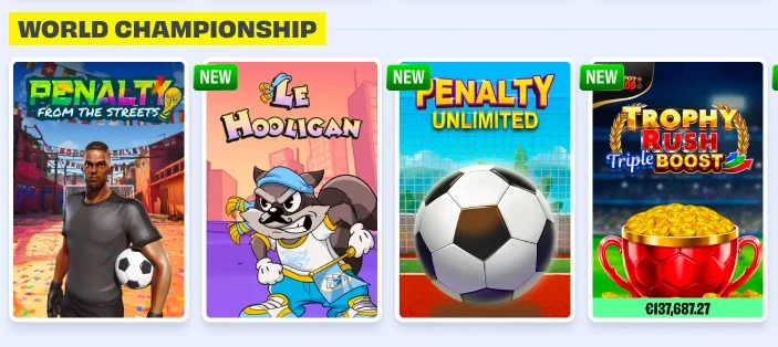 Online soccer slot games row under World Championship section including Penalty from the Streets, Le Hooligan, Penalty Unlimited, and Trophy Rush Triple Boost